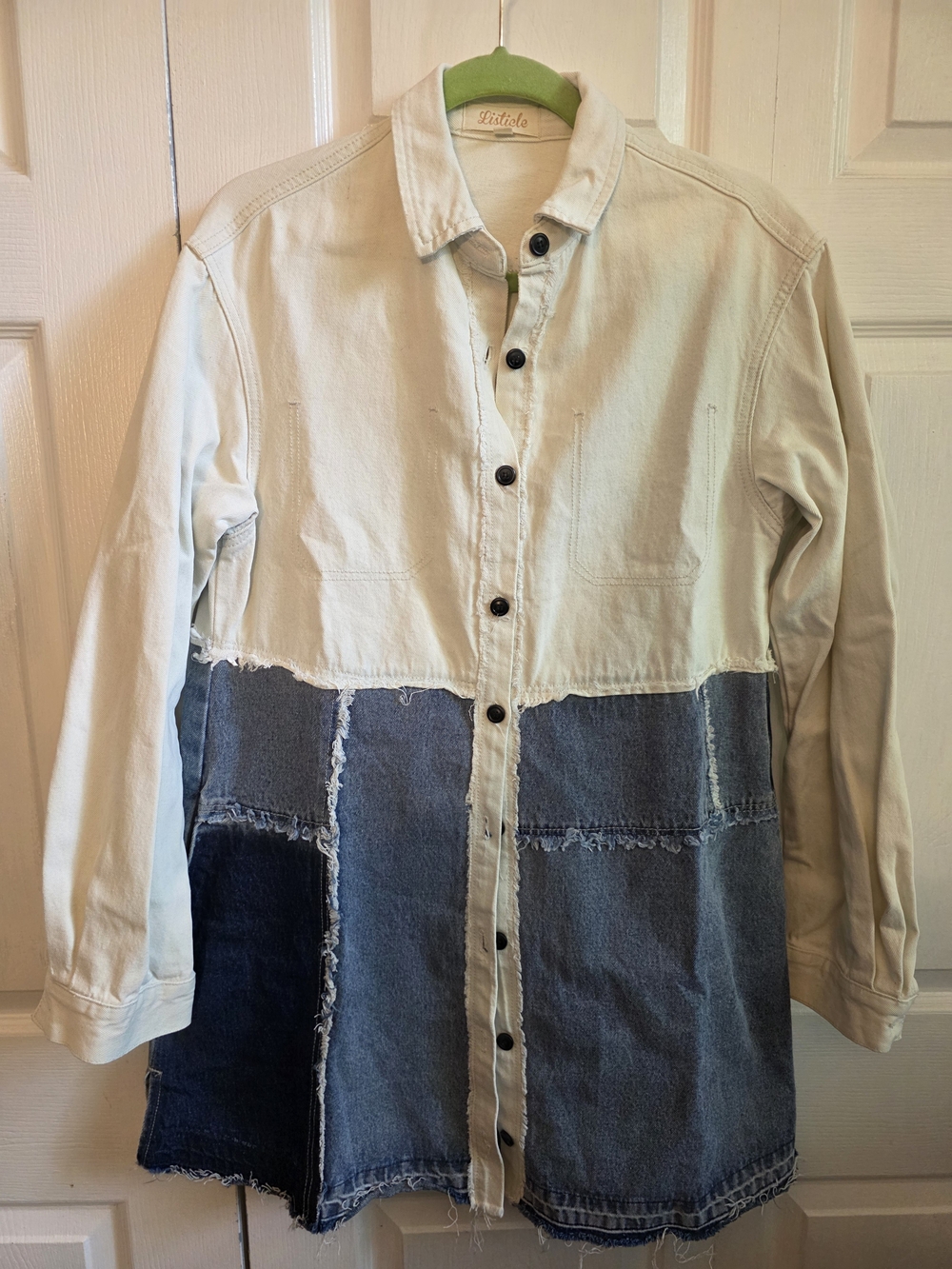 Two-Tone Patchwork Denim Button-Up Jacket — Cream & Blue